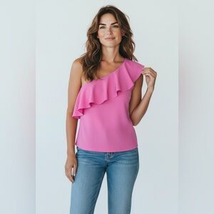 Susana Monaco Pink One Shoulder Ruffle Top Size Small